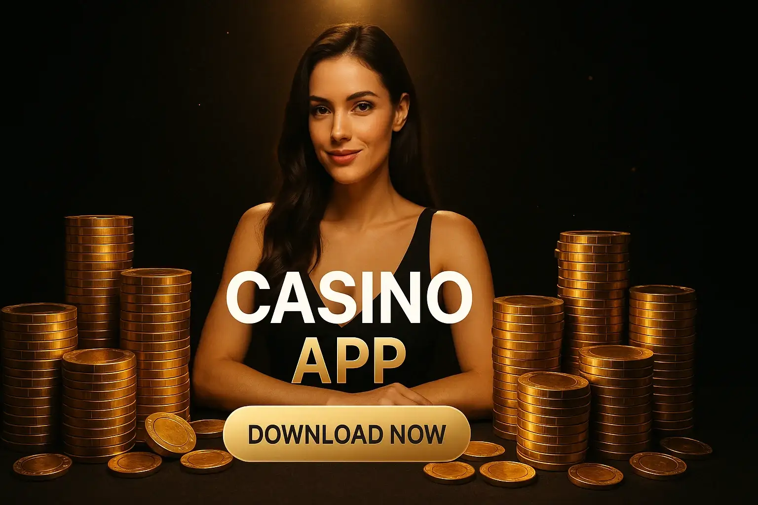 Photorealistic casino app banner with woman, gold chips and download button