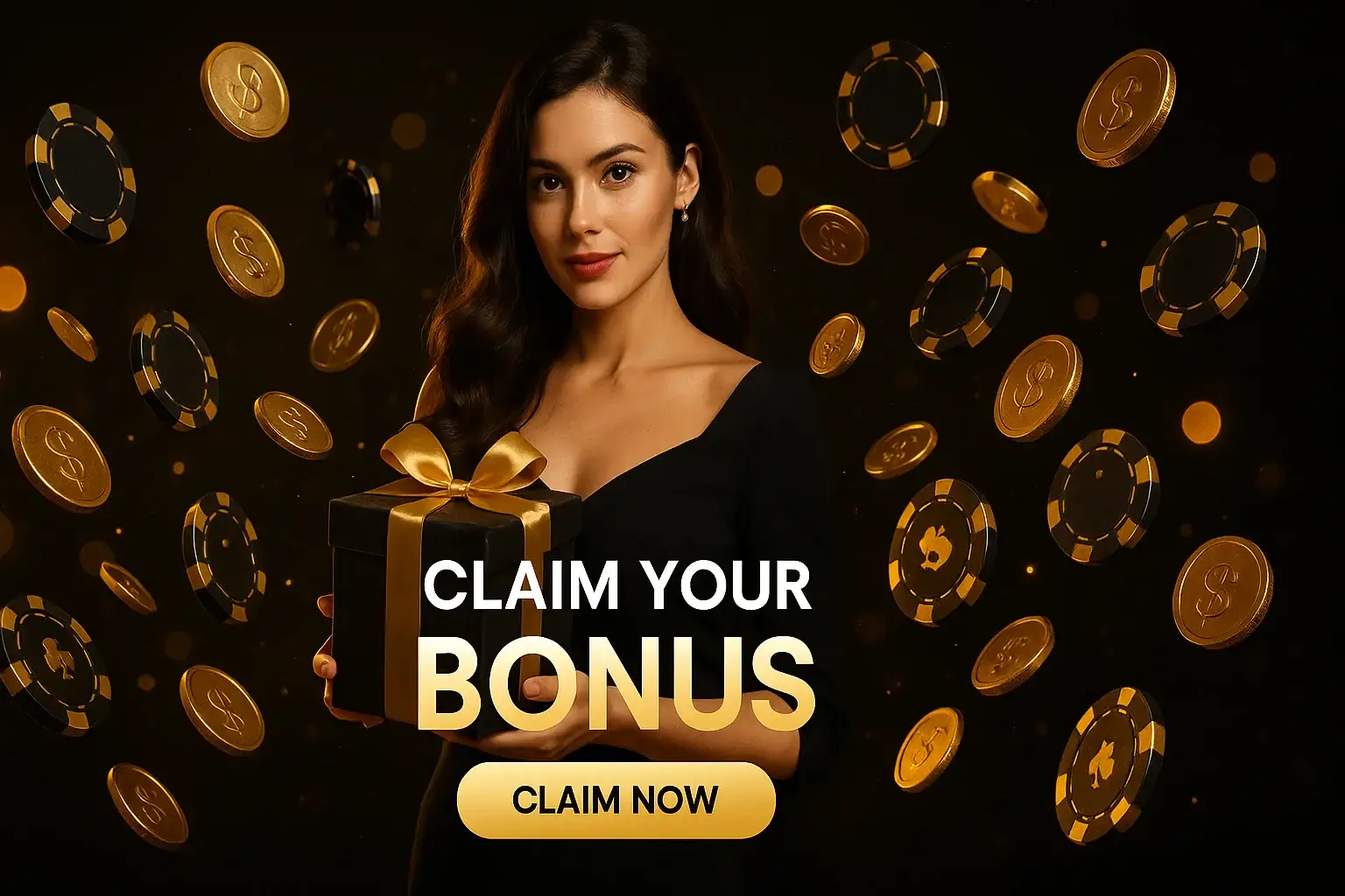 Elegant woman holding luxury gift box with bonus coins and chips
