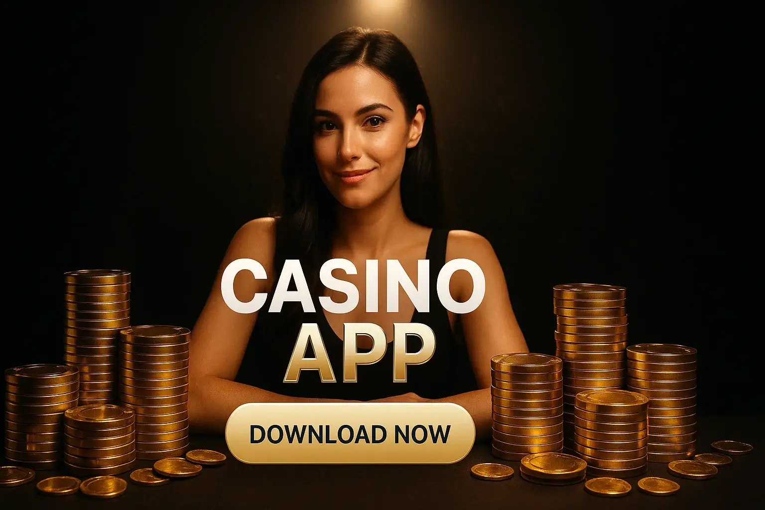Photorealistic casino app banner with woman, gold chips, coins and download button