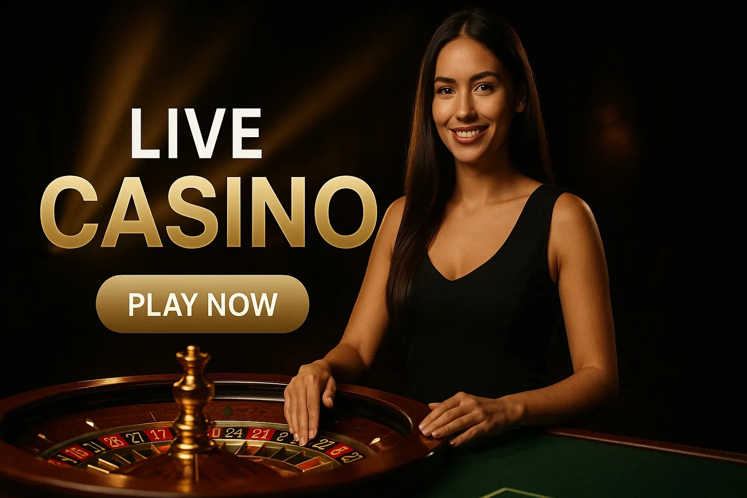 Woman croupier beside roulette wheel on luxury live casino banner