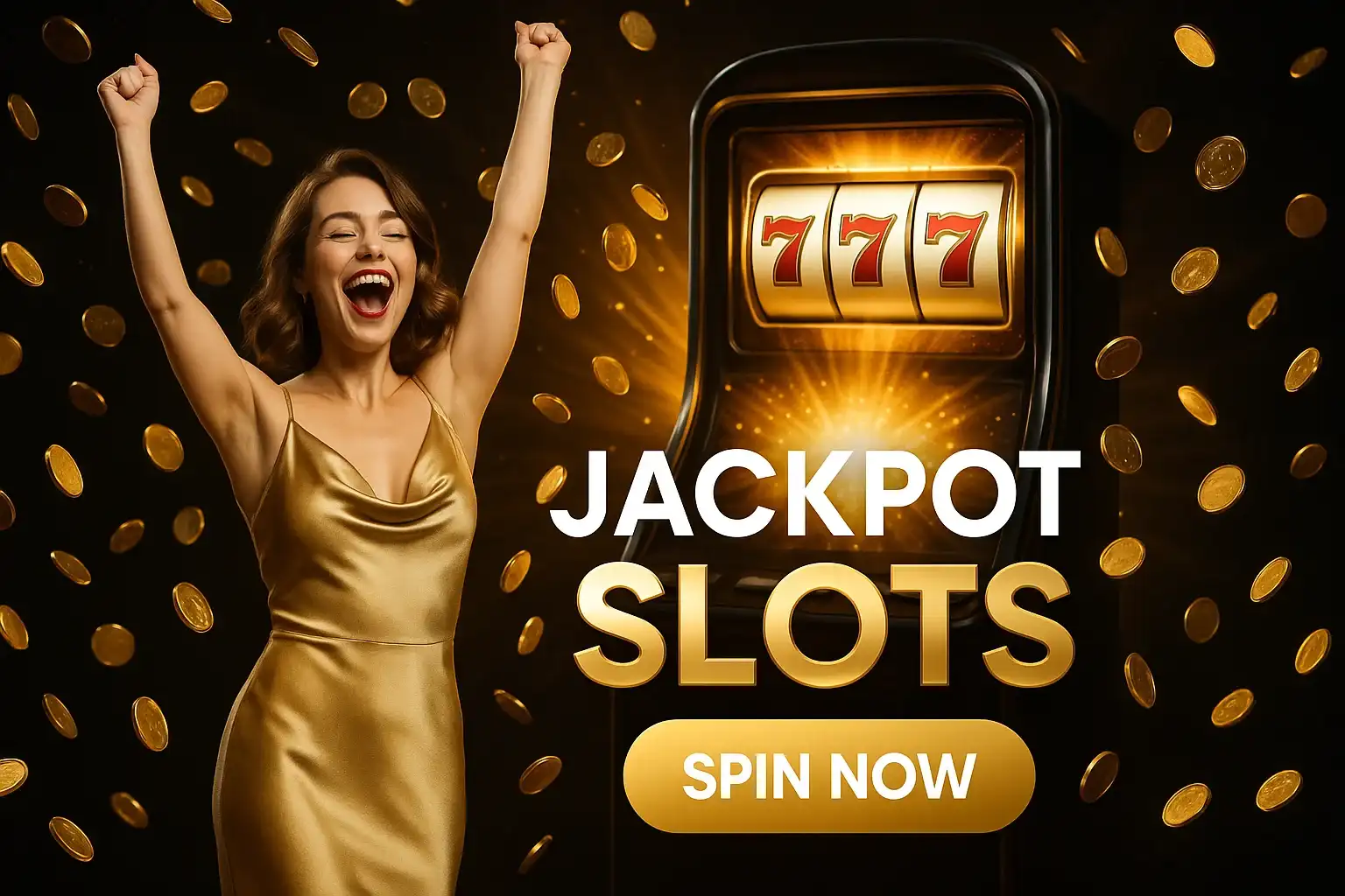 Glamorous woman celebrating jackpot with slot machine and raining gold coins